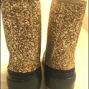 "Sugar" brand gold glitter and navy duck boots.